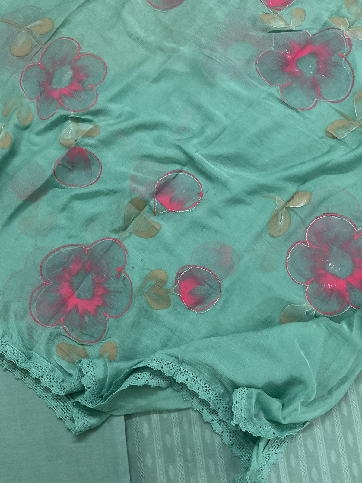 Pure Cotton Self Weaved Embroidered Suit - Green