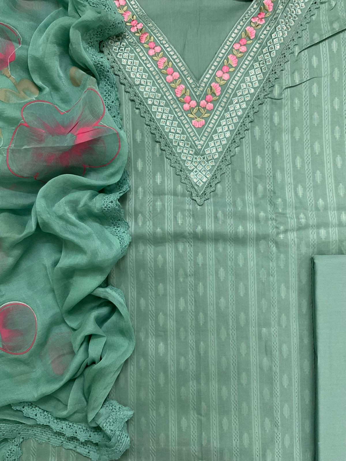 Pure Cotton Self Weaved Embroidered Suit - Green