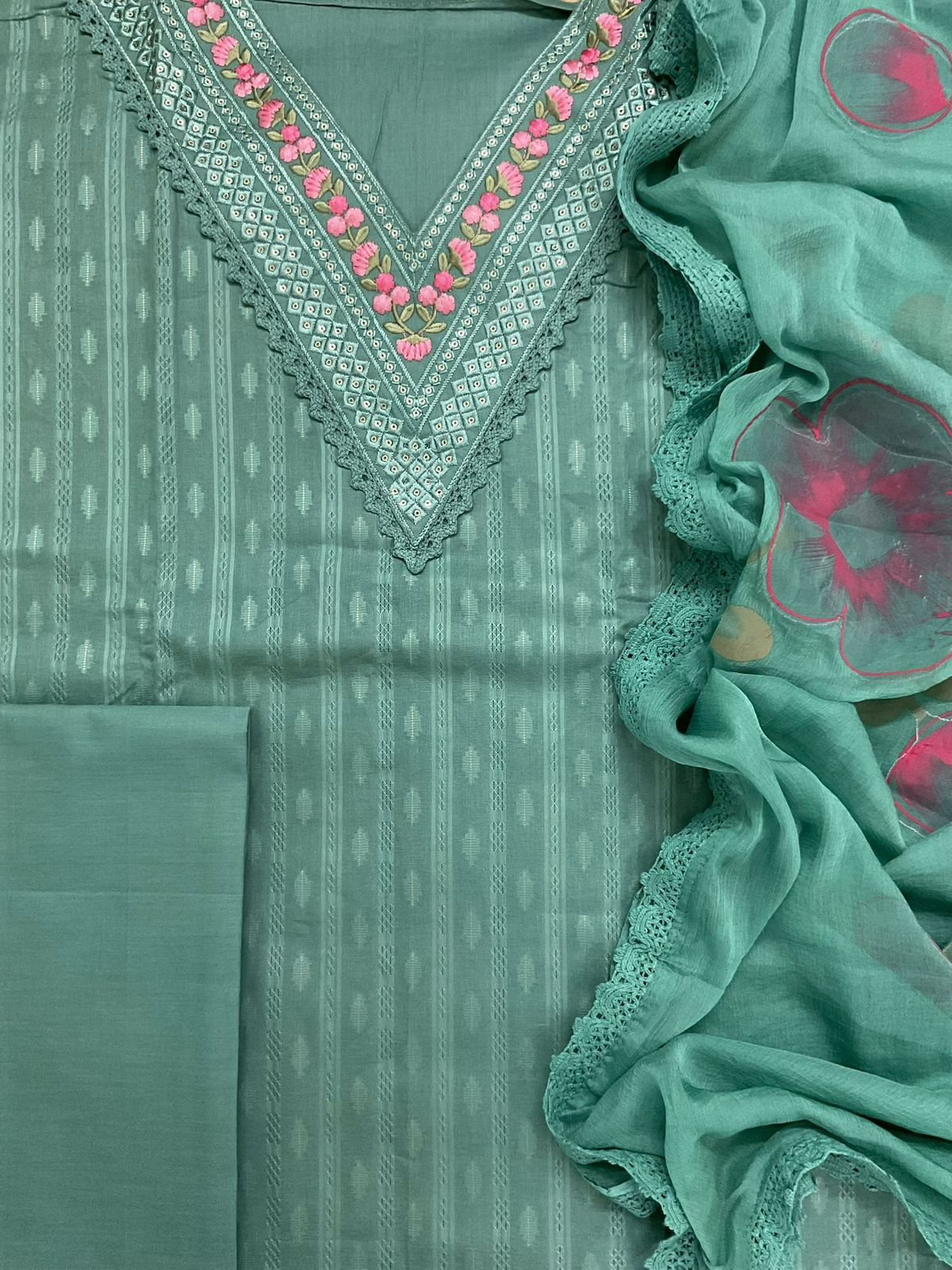 Pure Cotton Self Weaved Embroidered Suit - Green