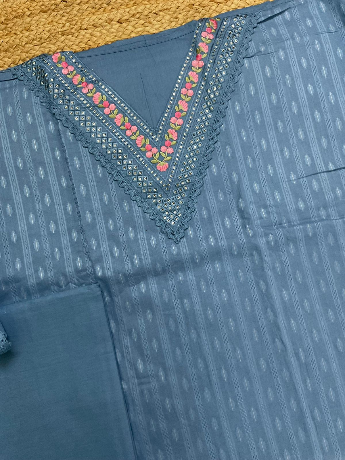 Pure Cotton Self Weaved Embroidered Suit - Blue