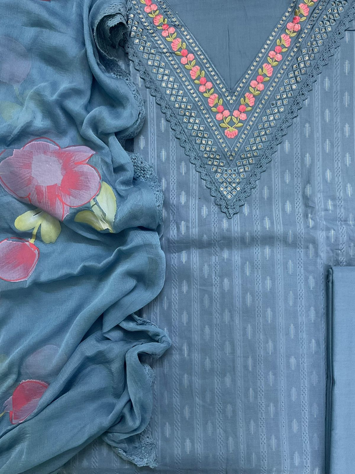 Pure Cotton Self Weaved Embroidered Suit - Blue