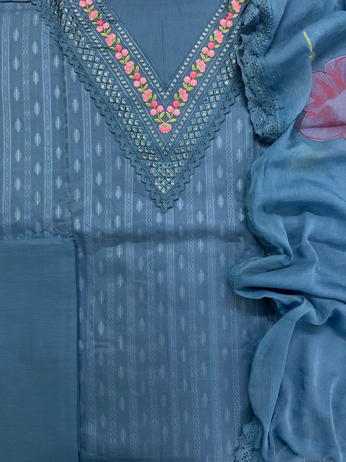Pure Cotton Self Weaved Embroidered Suit - Blue