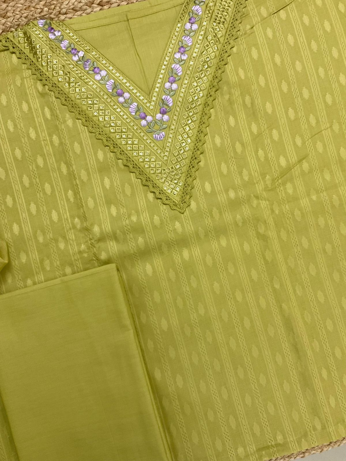 Pure Cotton Self Weaved Embroidered Suit - Yellowish Green