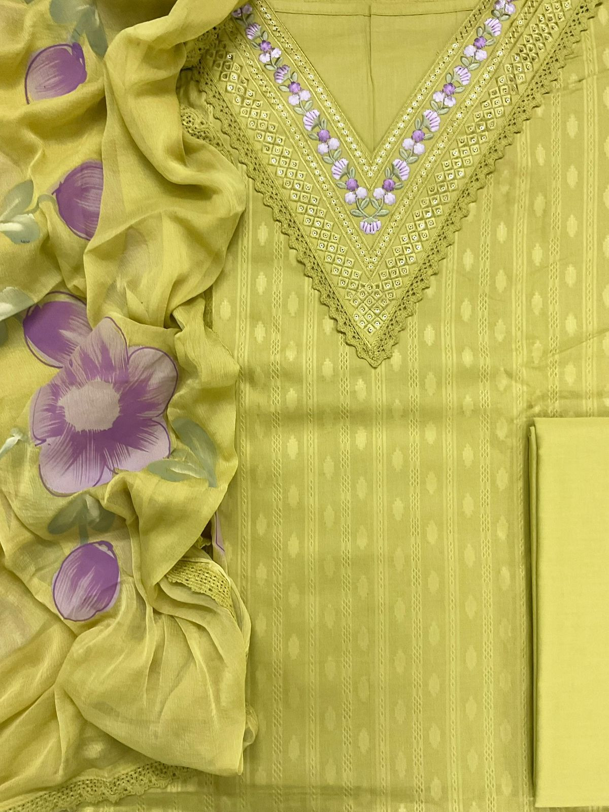 Pure Cotton Self Weaved Embroidered Suit - Yellowish Green