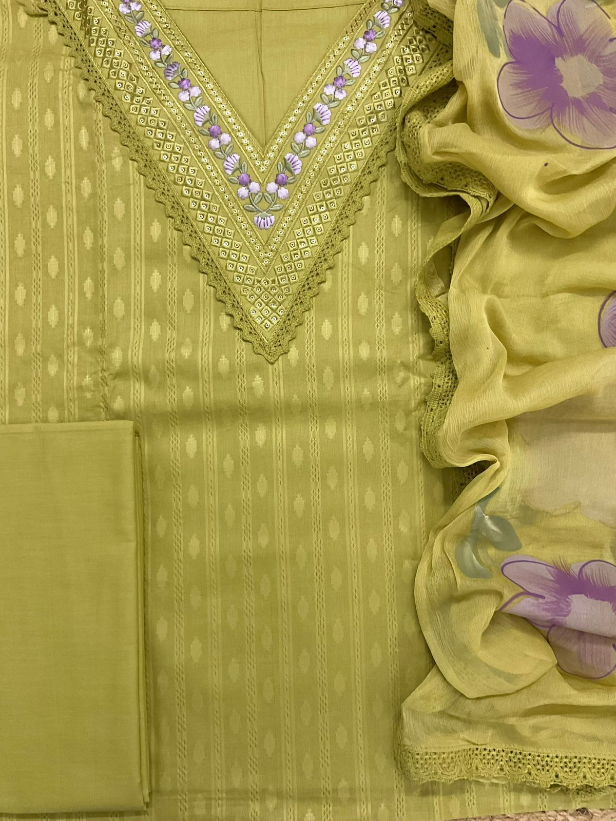 Pure Cotton Self Weaved Embroidered Suit - Yellowish Green
