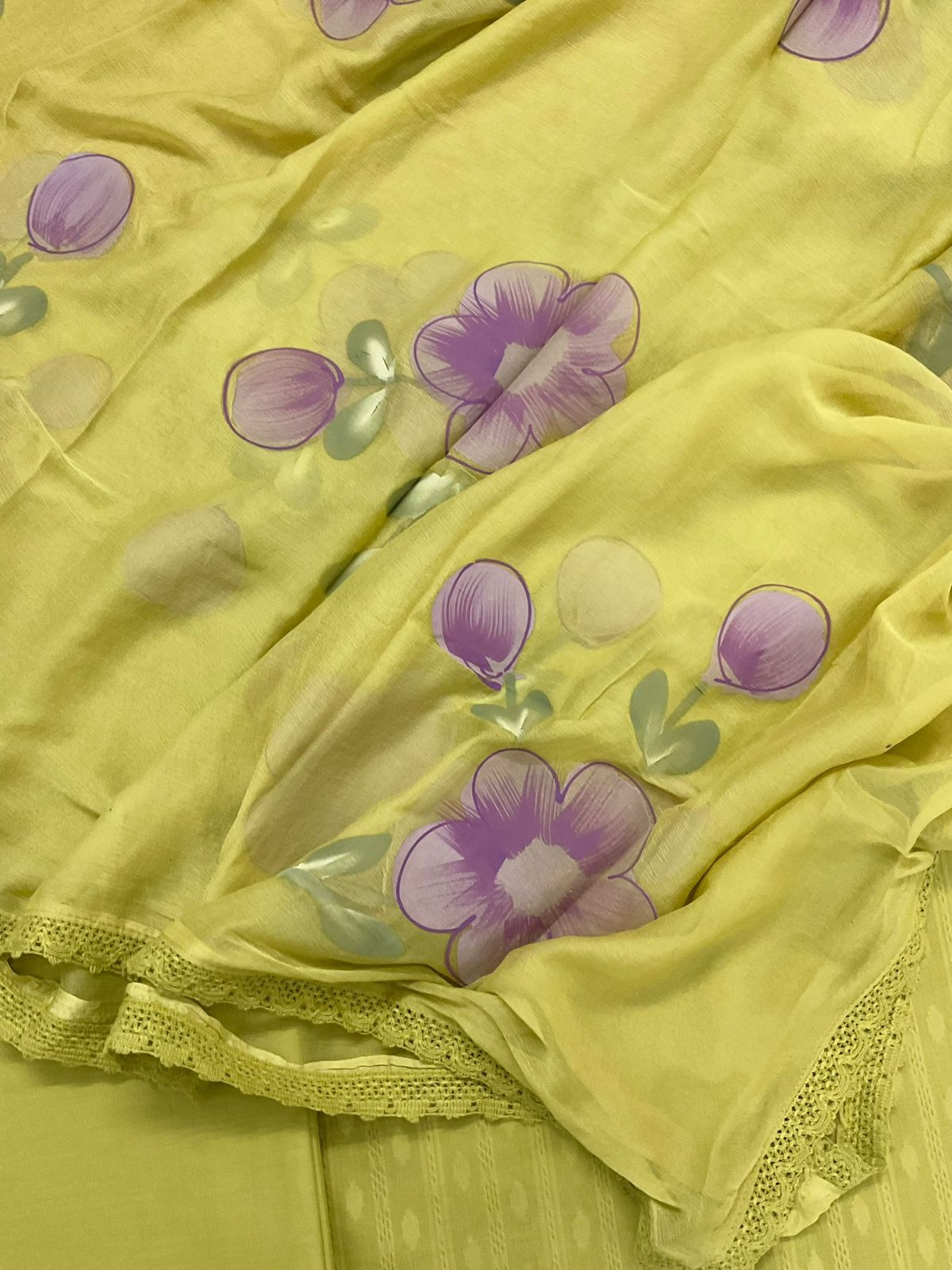 Pure Cotton Self Weaved Embroidered Suit - Yellowish Green