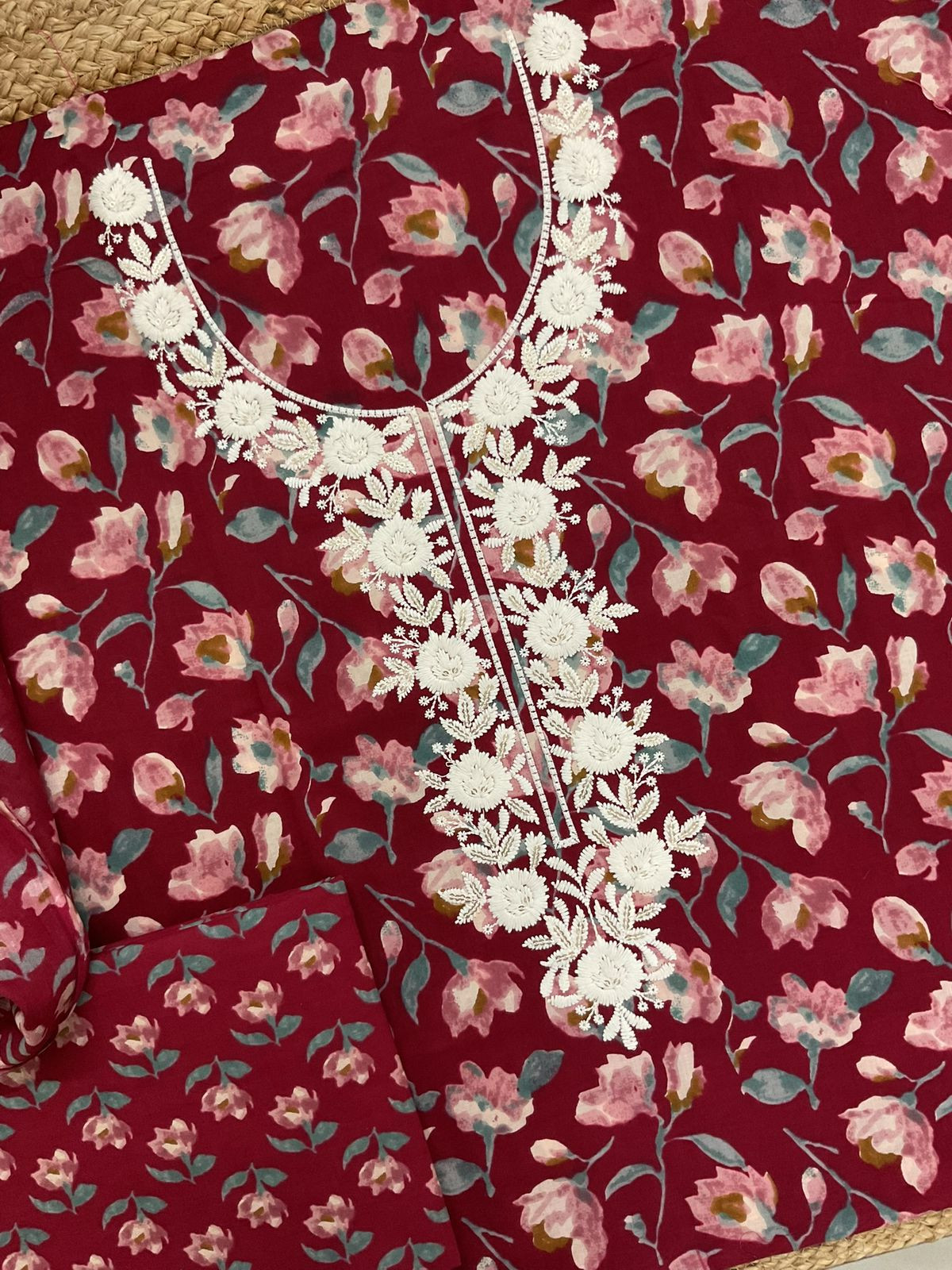 Pure Cotton Printed Embroidered Suit - Maroon