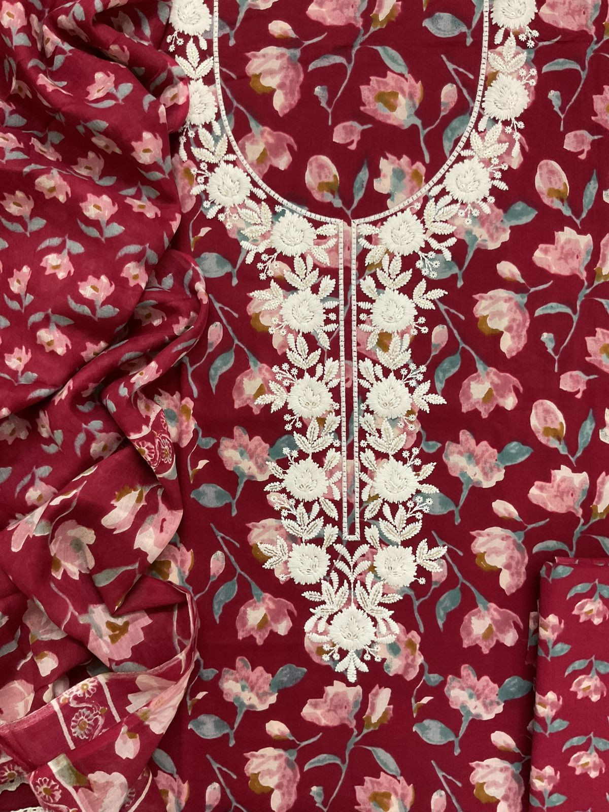 Pure Cotton Printed Embroidered Suit - Maroon