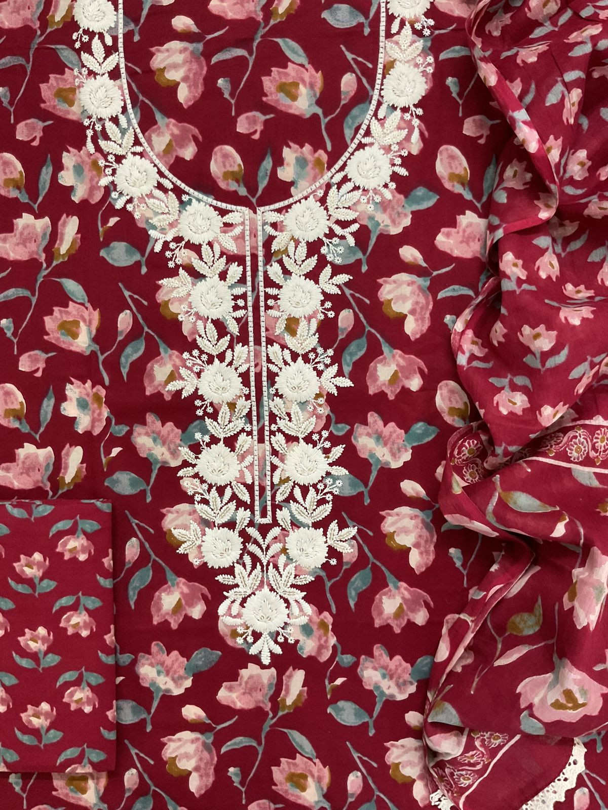 Pure Cotton Printed Embroidered Suit - Maroon