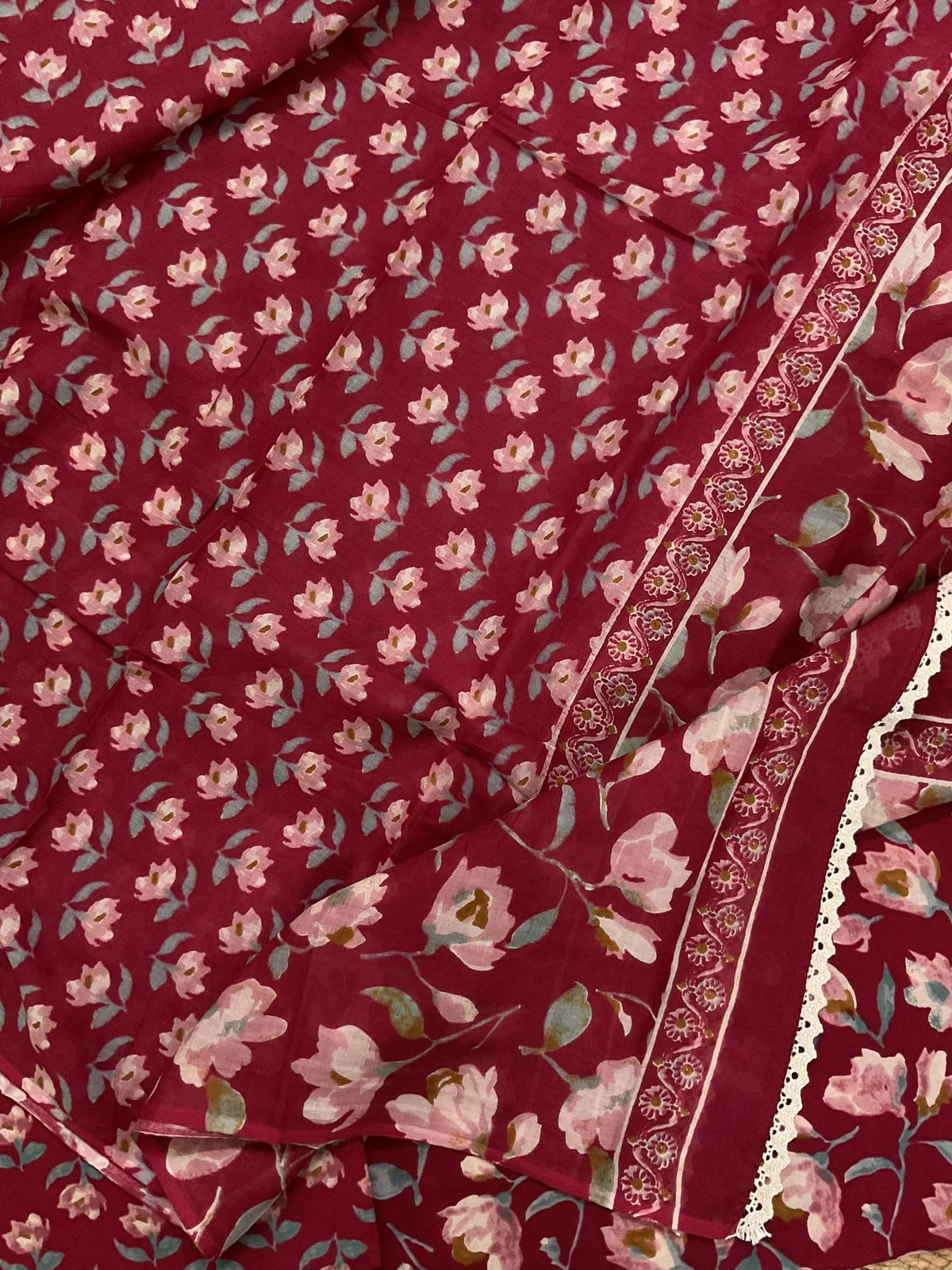 Pure Cotton Printed Embroidered Suit - Maroon