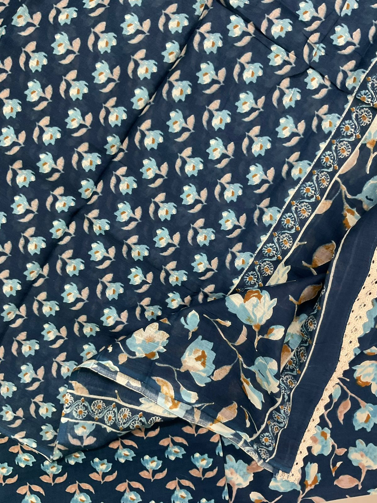 Pure Cotton Printed Embroidered Suit - Blue