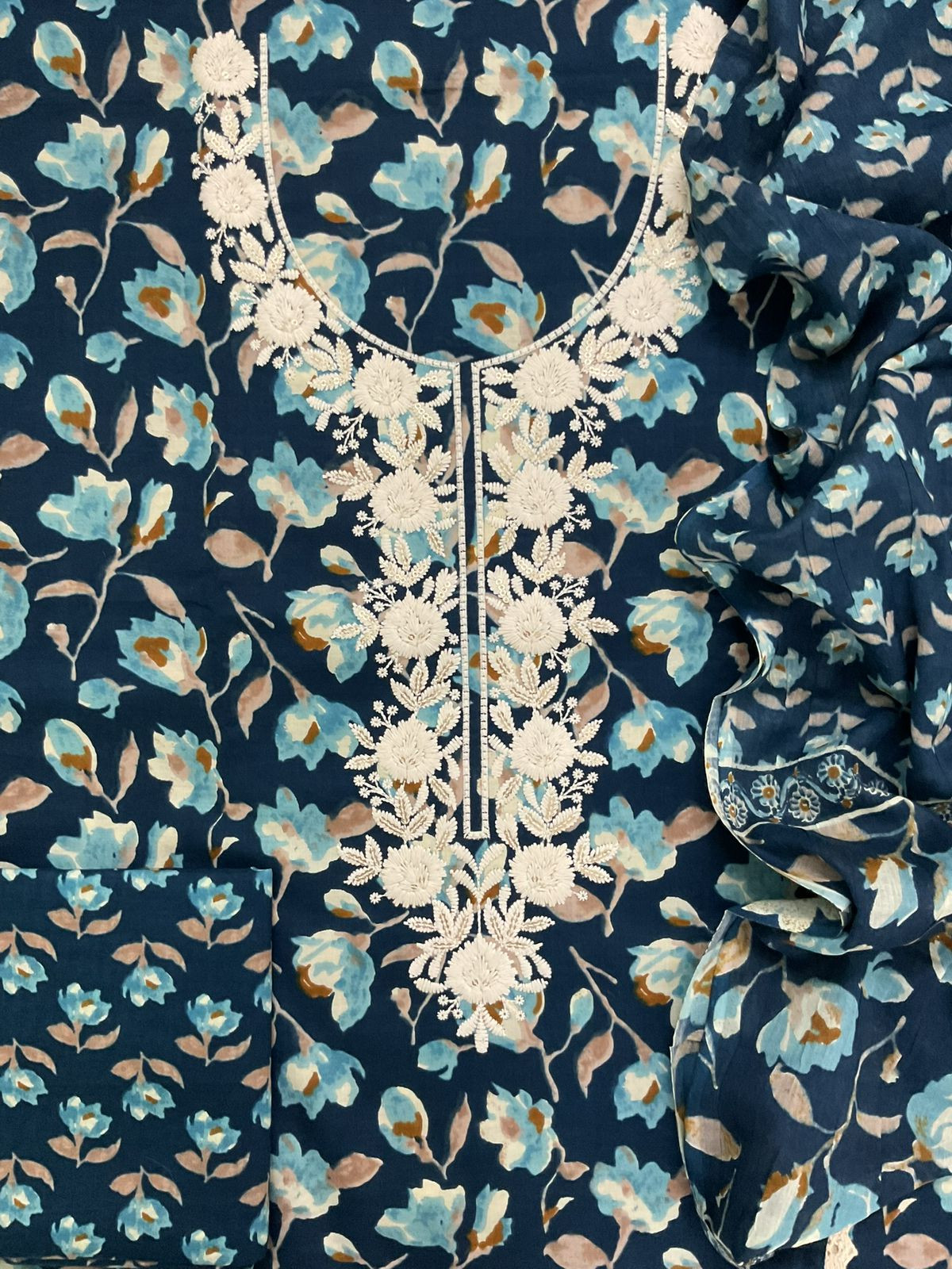 Pure Cotton Printed Embroidered Suit - Blue