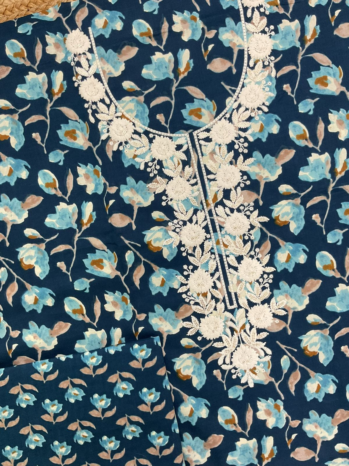 Pure Cotton Printed Embroidered Suit - Blue