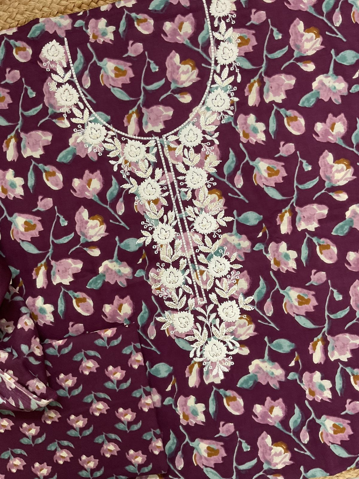 Pure Cotton Printed Embroidered Suit - Wine