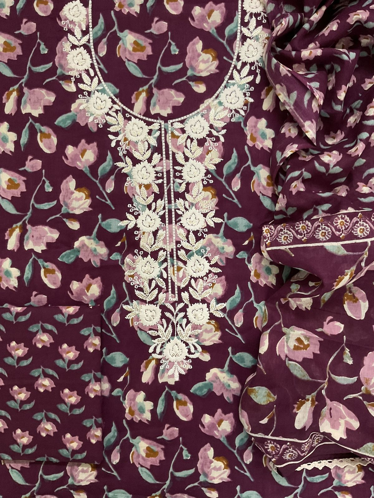 Pure Cotton Printed Embroidered Suit - Wine