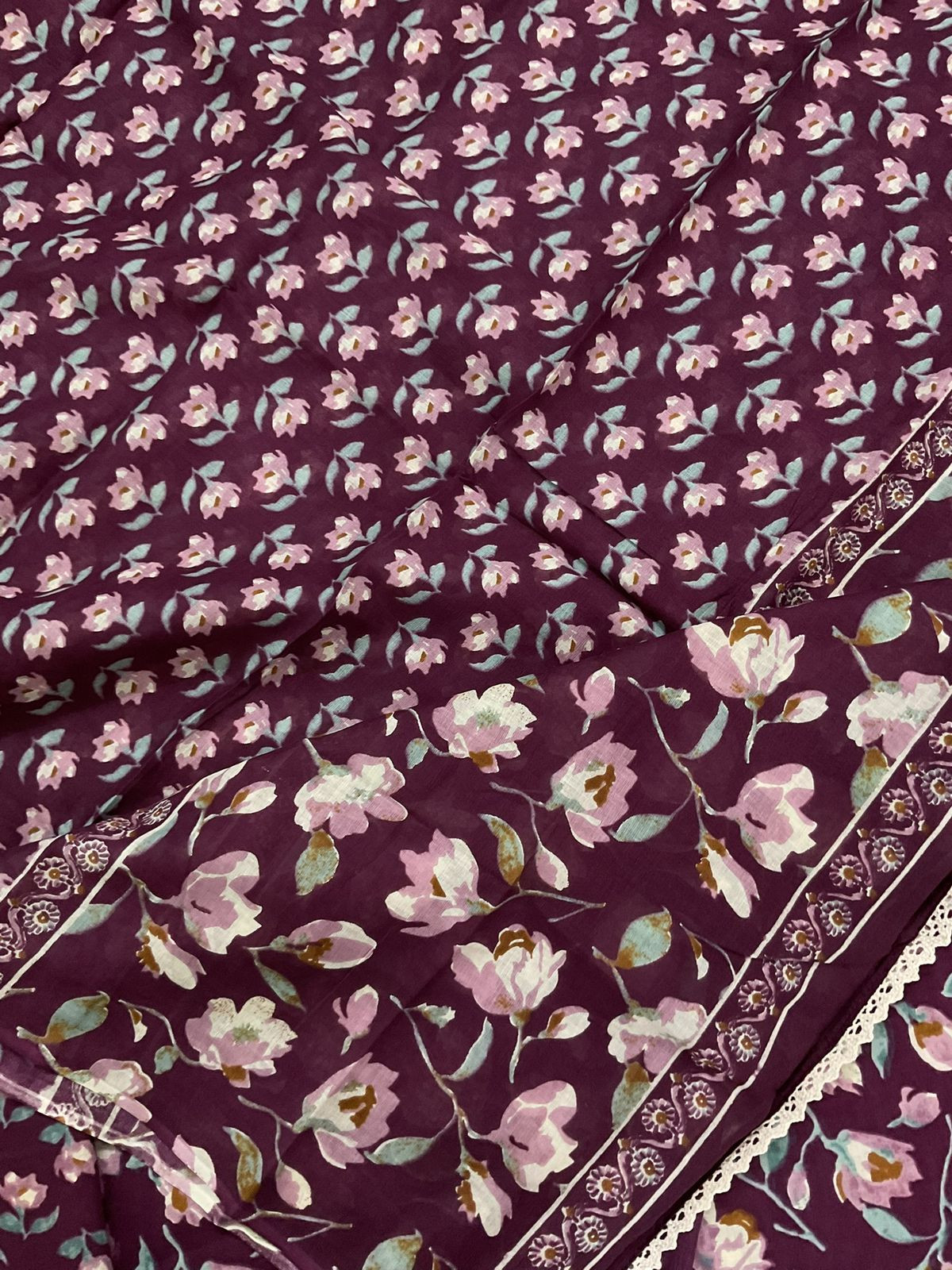 Pure Cotton Printed Embroidered Suit - Wine