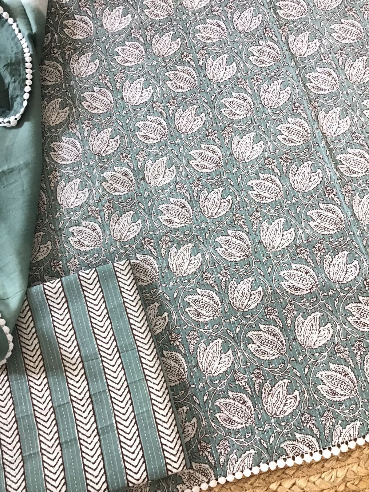 Pure Cotton Printed Embroidered Suit - Green