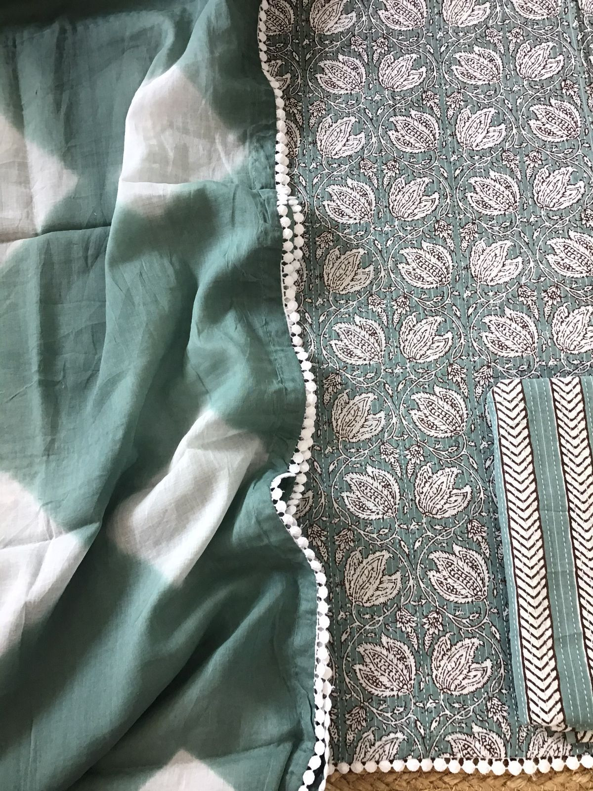 Pure Cotton Printed Embroidered Suit - Green