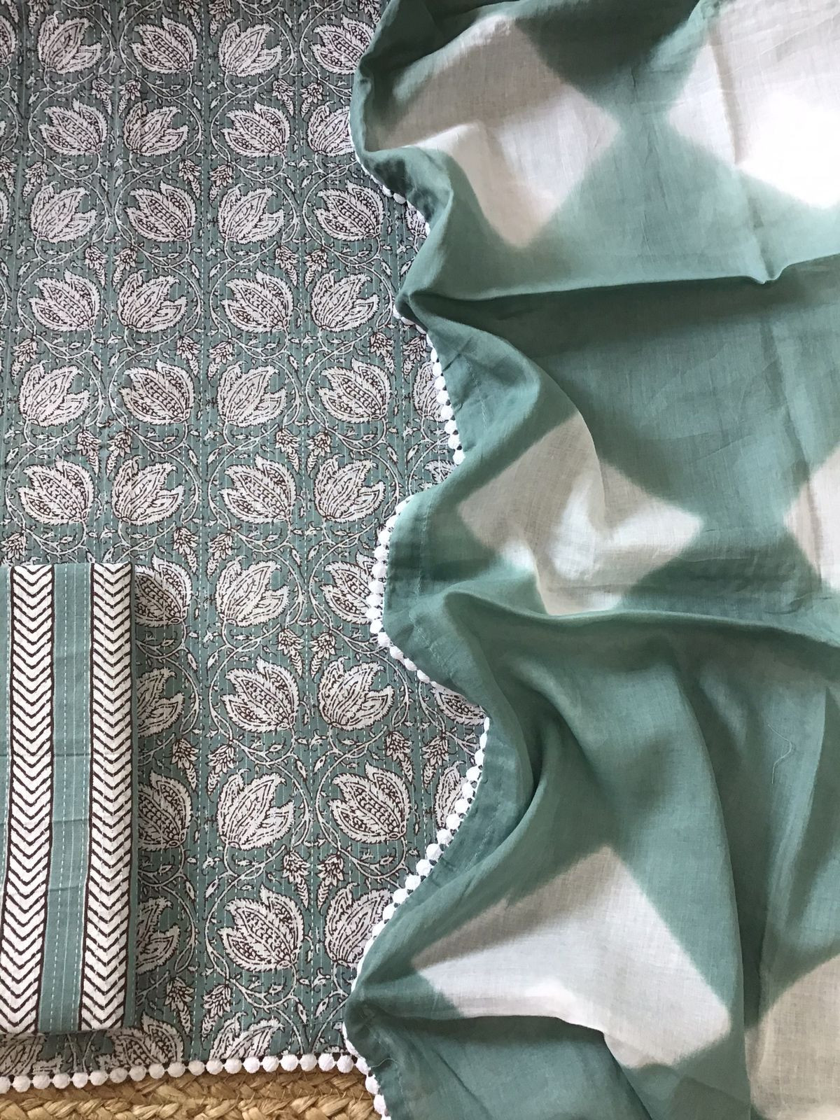 Pure Cotton Printed Embroidered Suit - Green