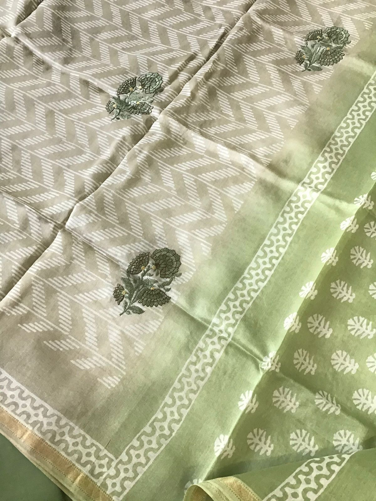 Pure Maheshwari Printed Embroidered Suit - Green