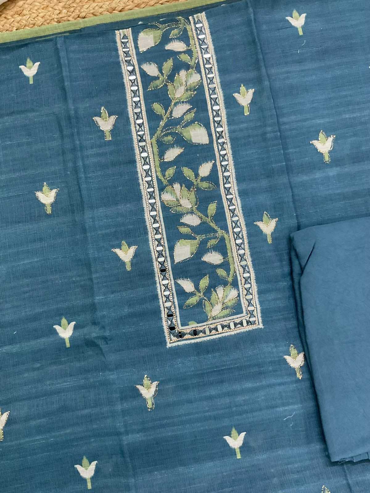 Soft Fine Linen Jute Cotton Printed Embroidered Suit - Blue