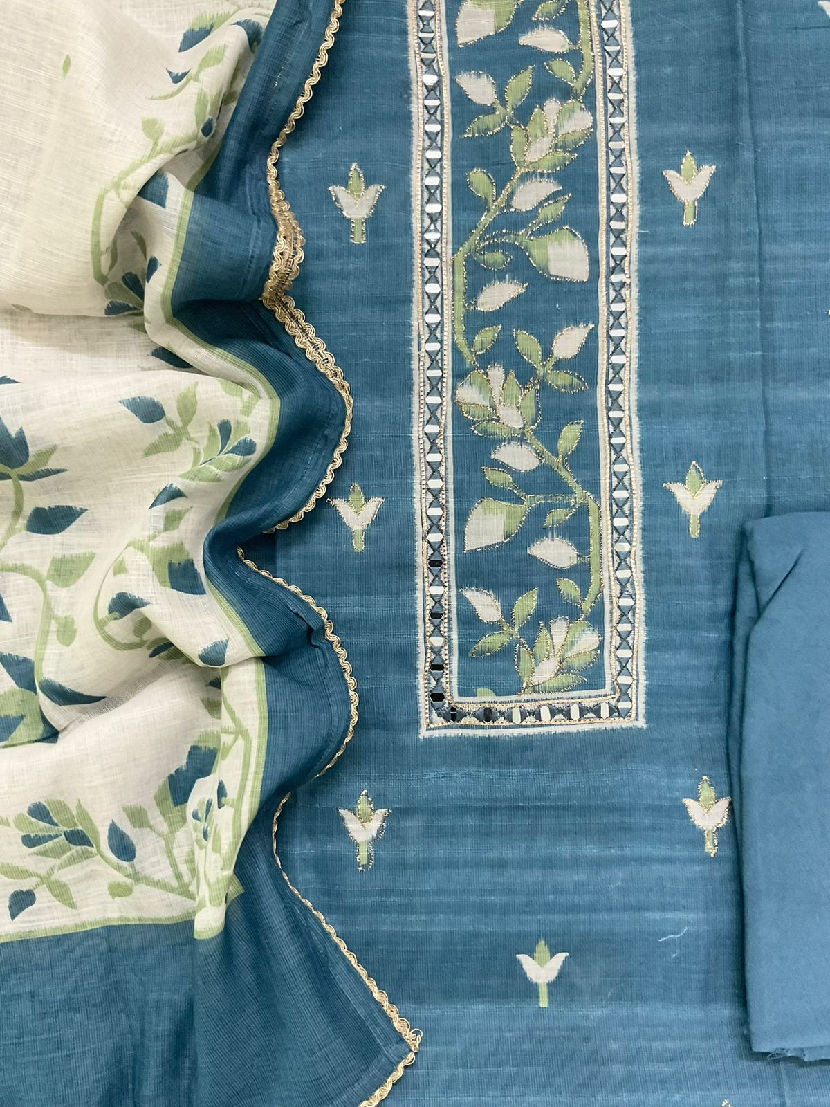 Soft Fine Linen Jute Cotton Printed Embroidered Suit - Blue