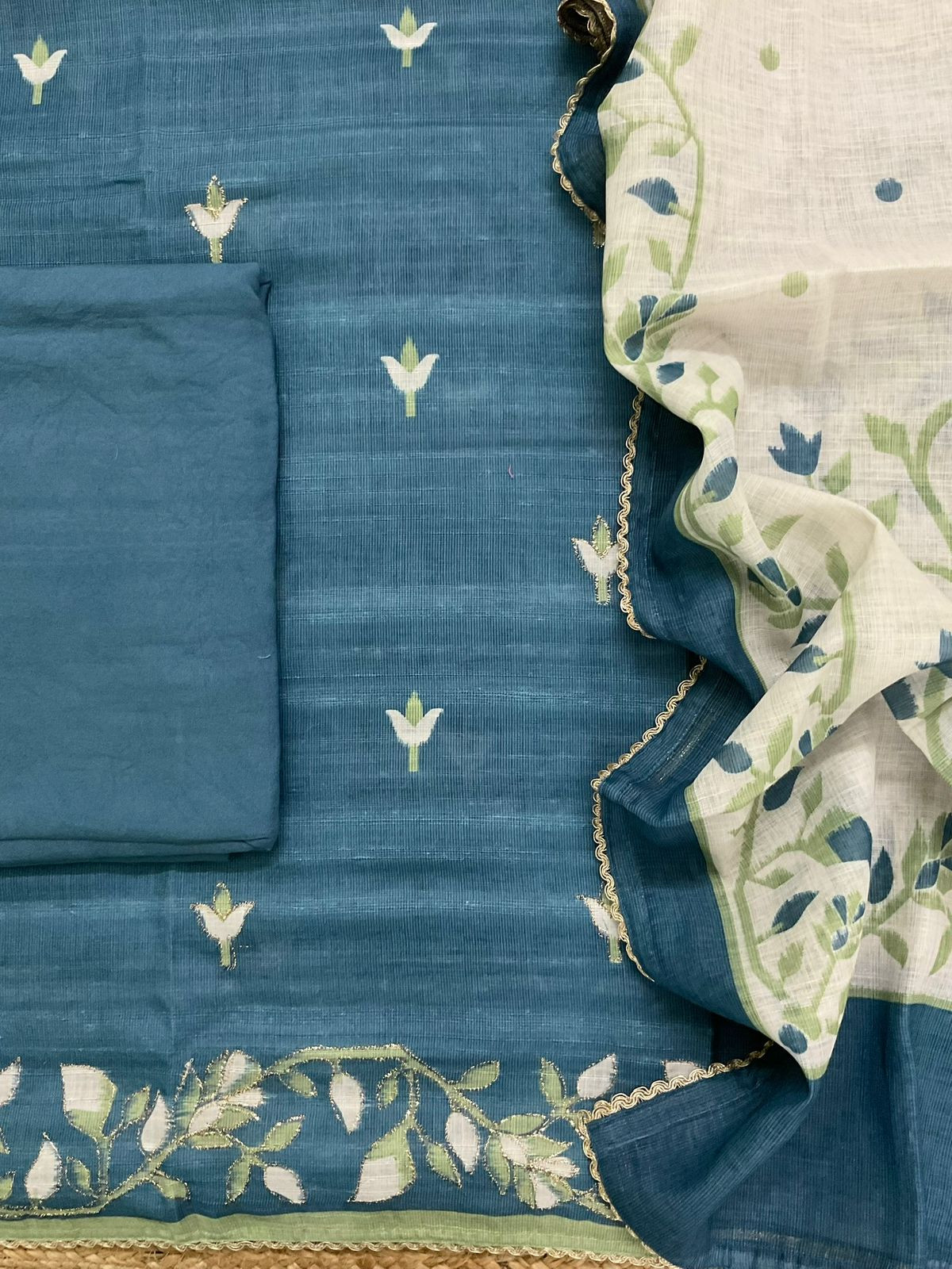 Soft Fine Linen Jute Cotton Printed Embroidered Suit - Blue