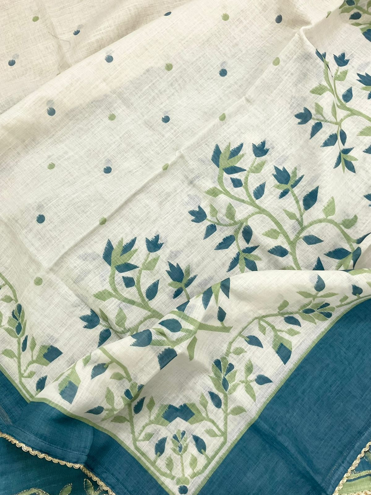 Soft Fine Linen Jute Cotton Printed Embroidered Suit - Blue