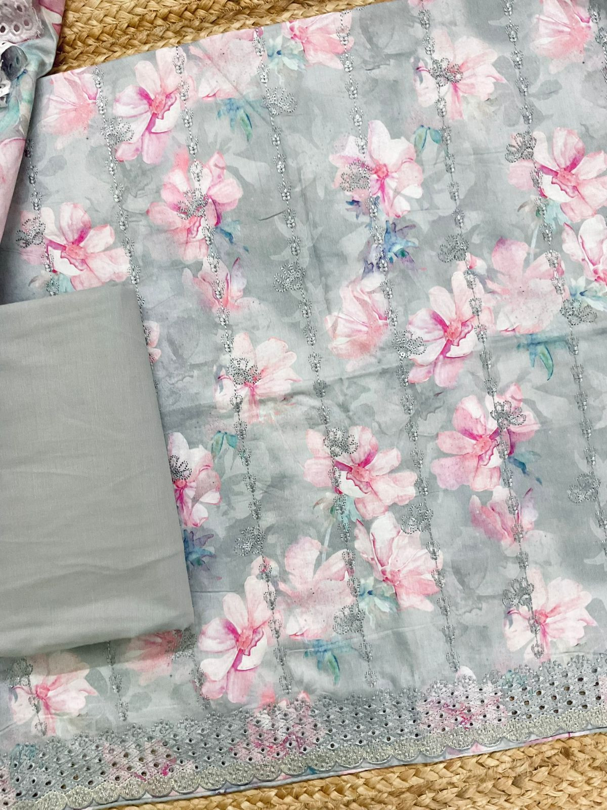 Pure Jaam Cotton Printed Embroidered Suit - Grey