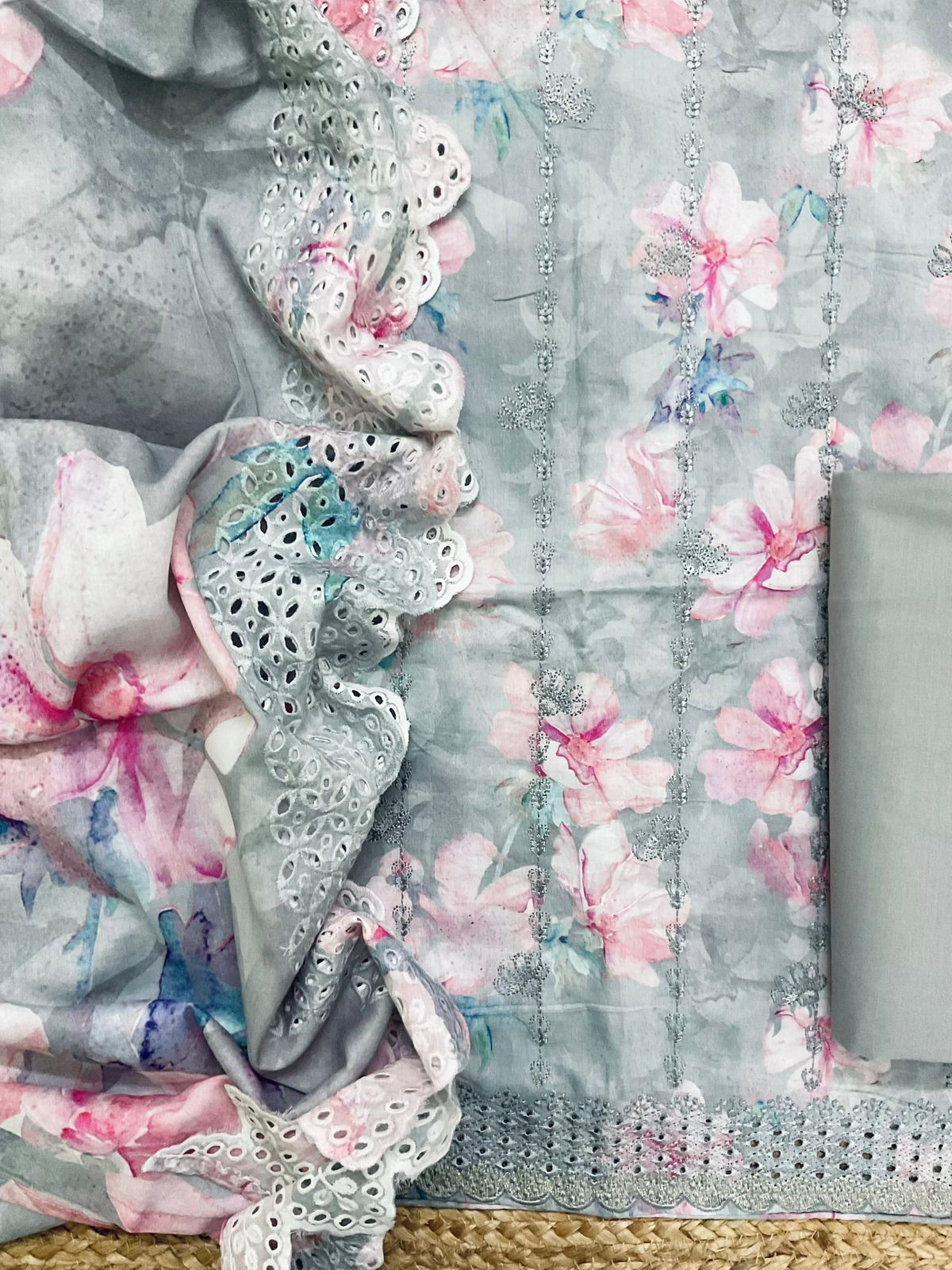 Pure Jaam Cotton Printed Embroidered Suit - Grey