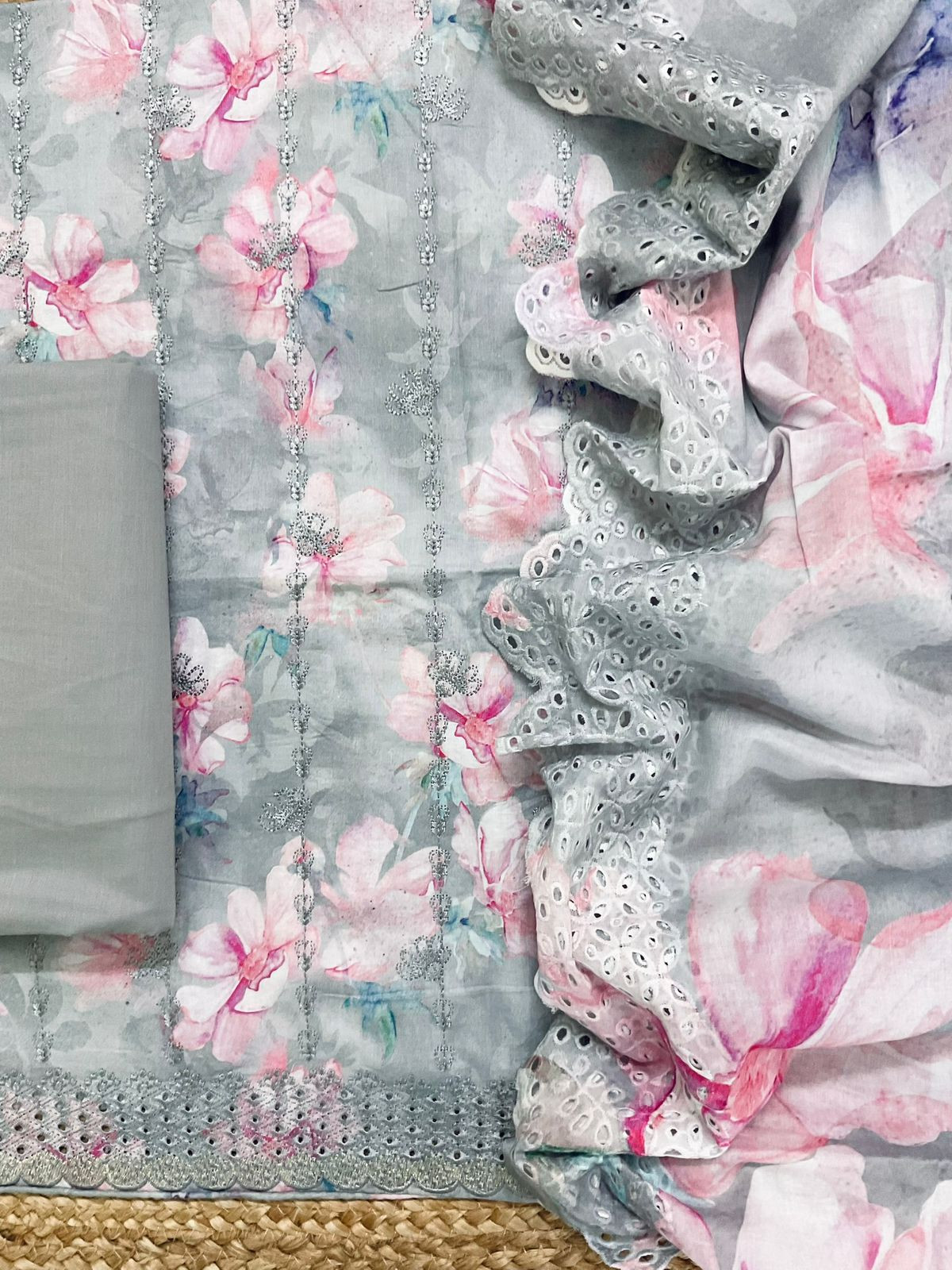 Pure Jaam Cotton Printed Embroidered Suit - Grey