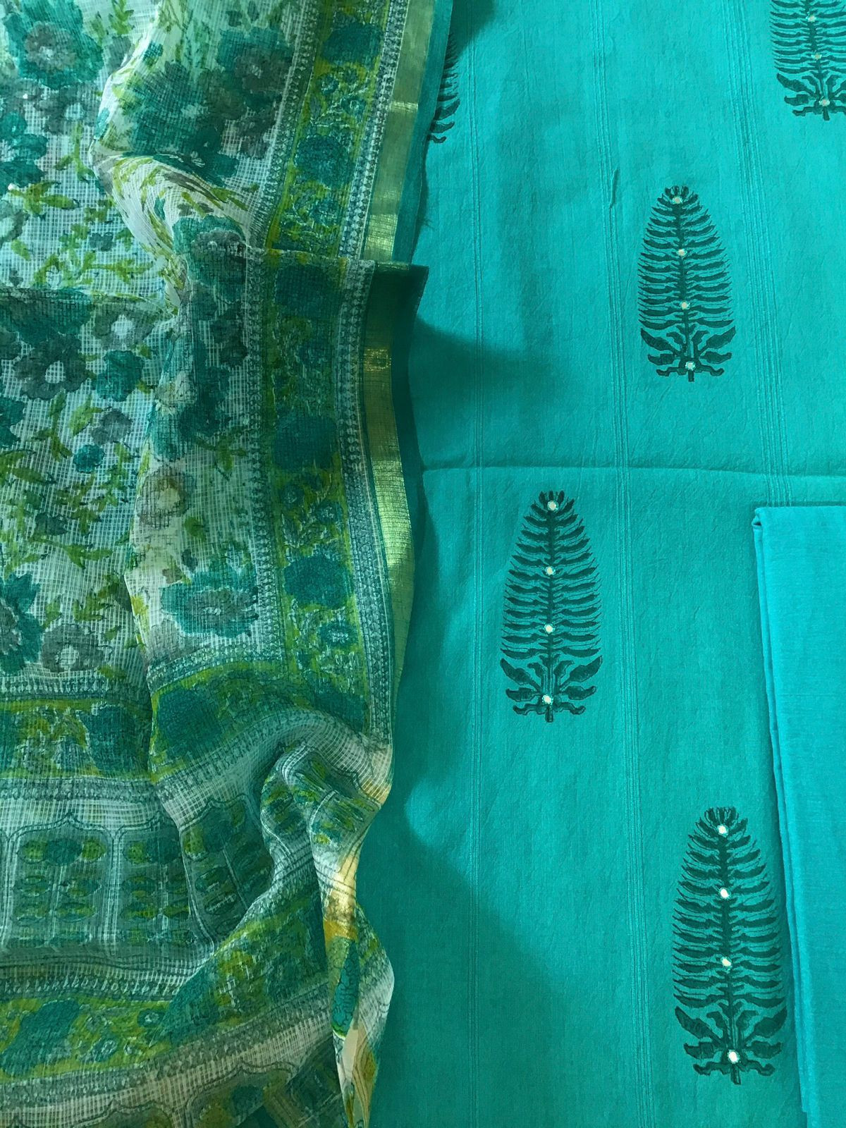 Pure Self Weaved Cotton Printed Embroidered Suit - Blue