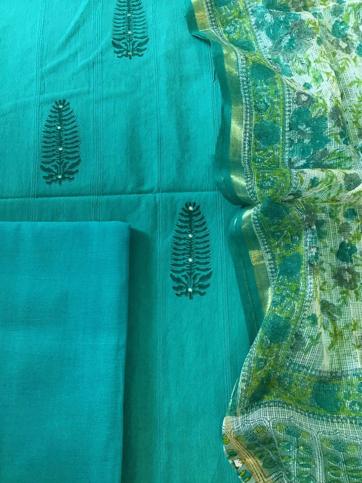 Pure Self Weaved Cotton Printed Embroidered Suit - Blue