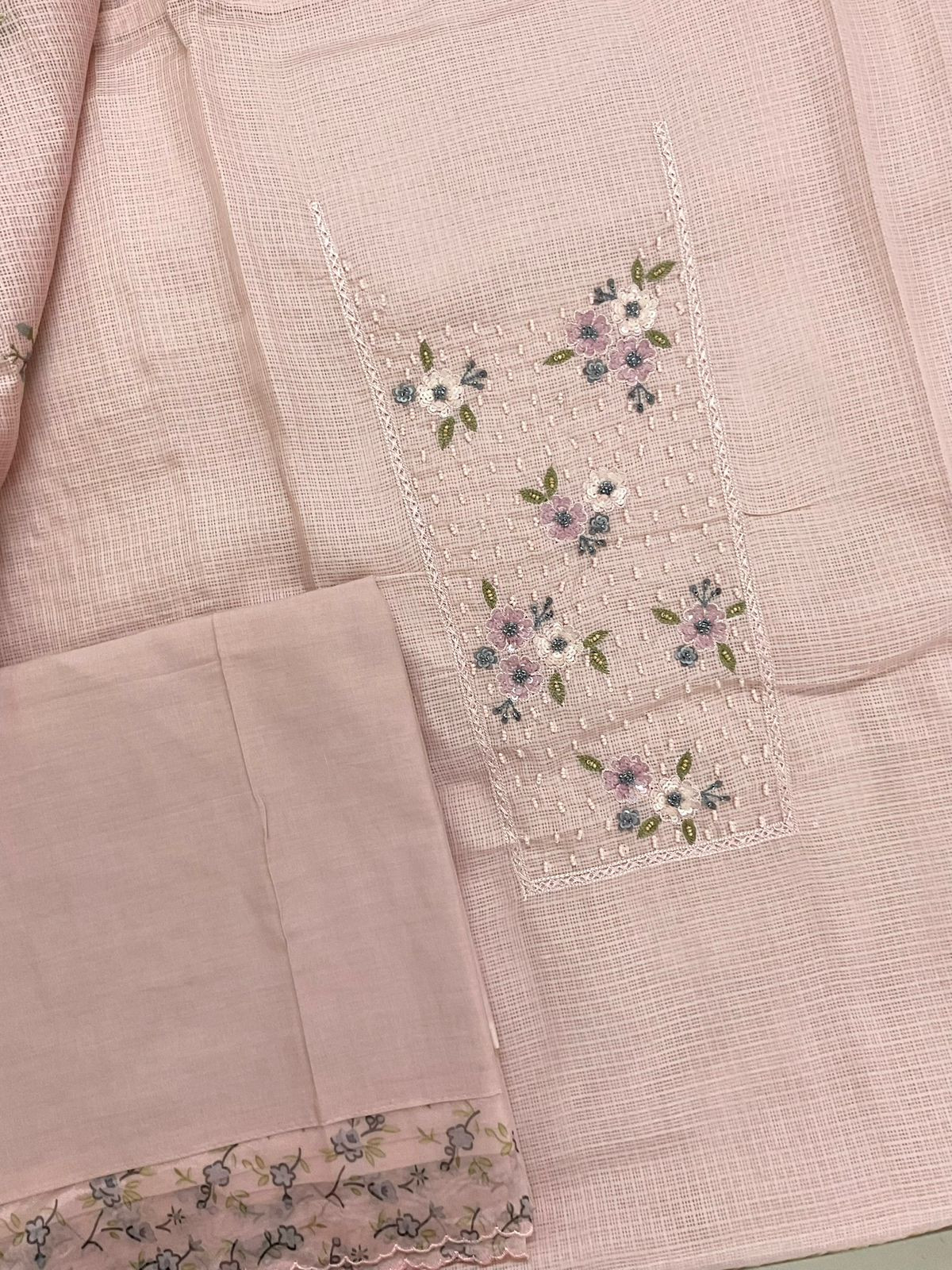 Soft Kota Silk Printed Embroidered Suit - Peach