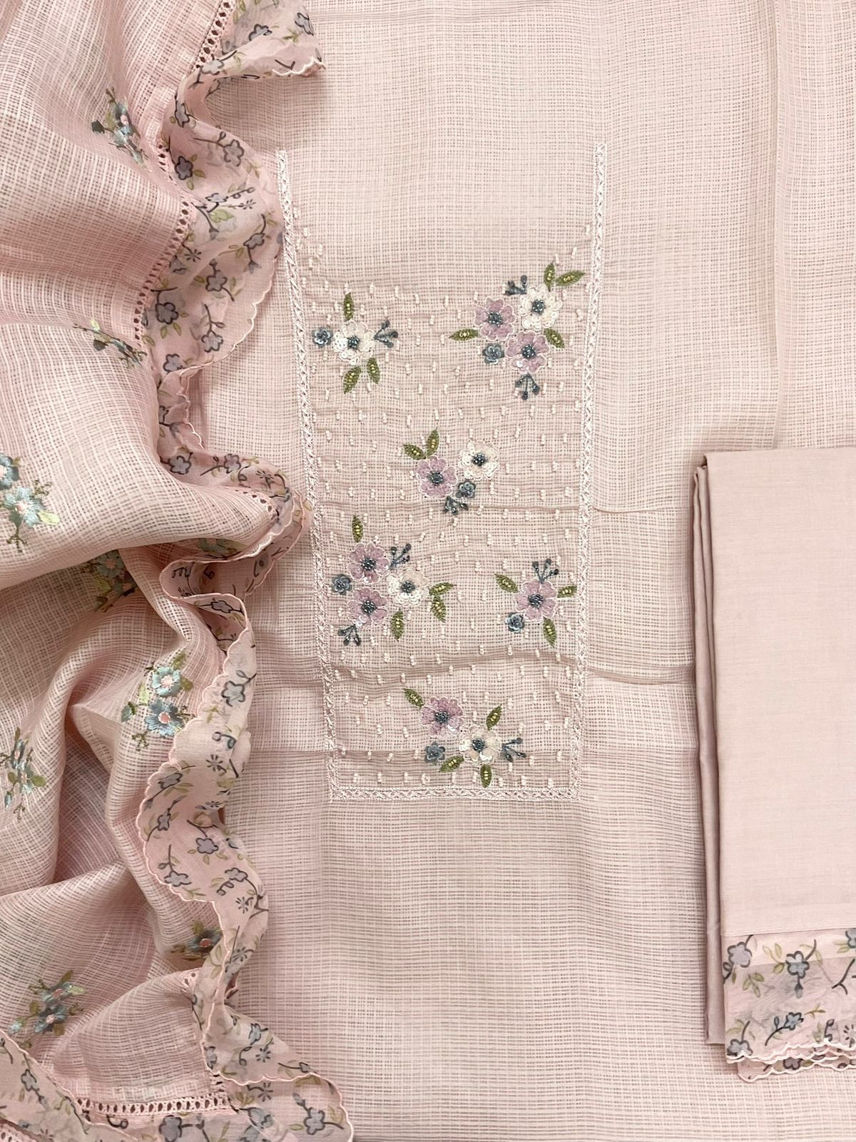 Soft Kota Silk Printed Embroidered Suit - Peach