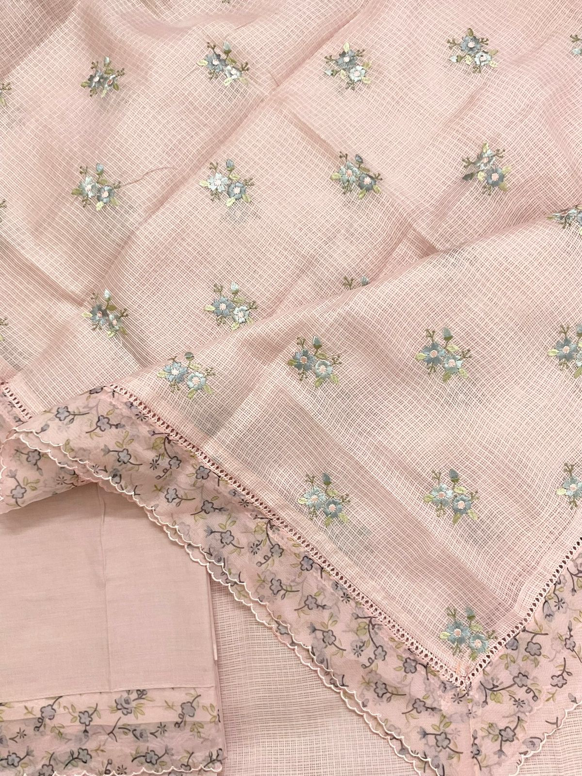 Soft Kota Silk Printed Embroidered Suit - Peach
