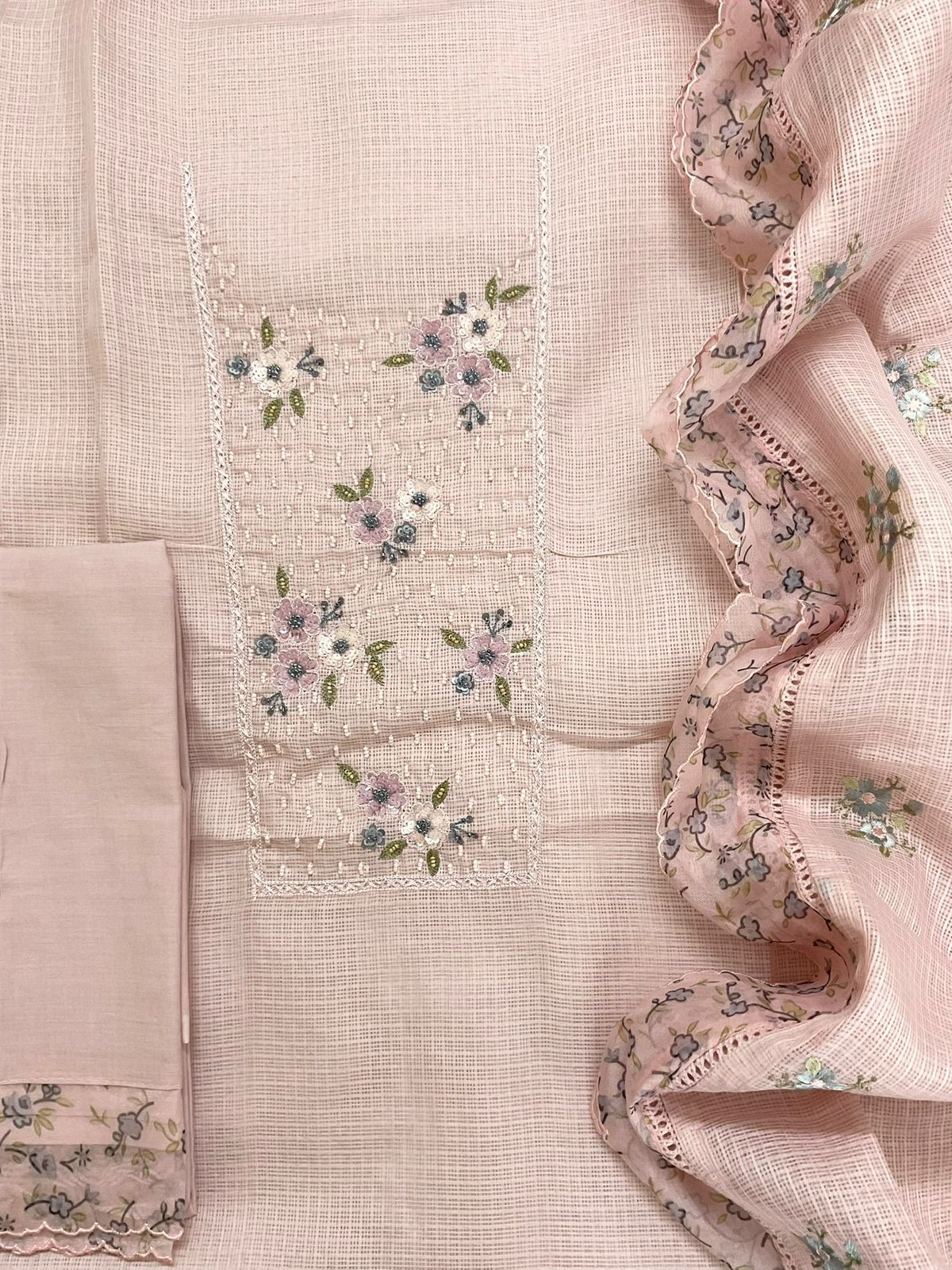 Soft Kota Silk Printed Embroidered Suit - Peach