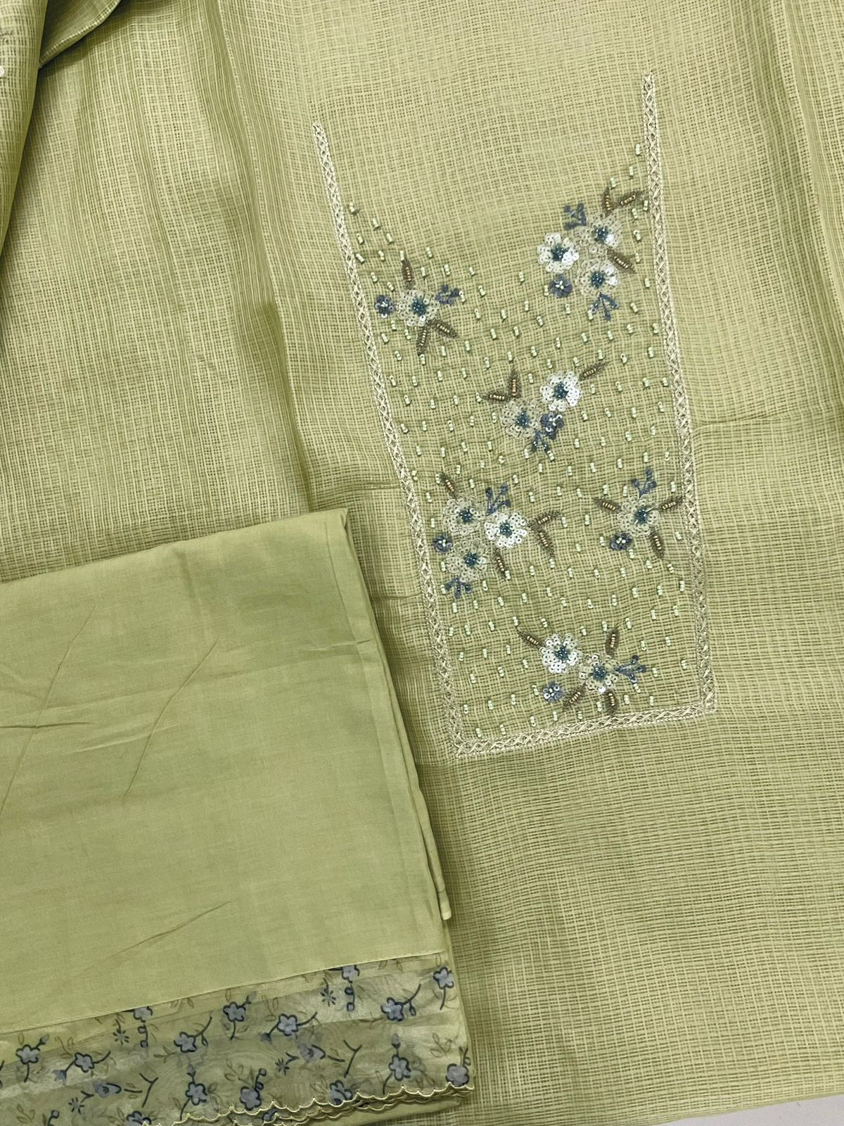 Soft Kota Silk Printed Embroidered Suit - Green