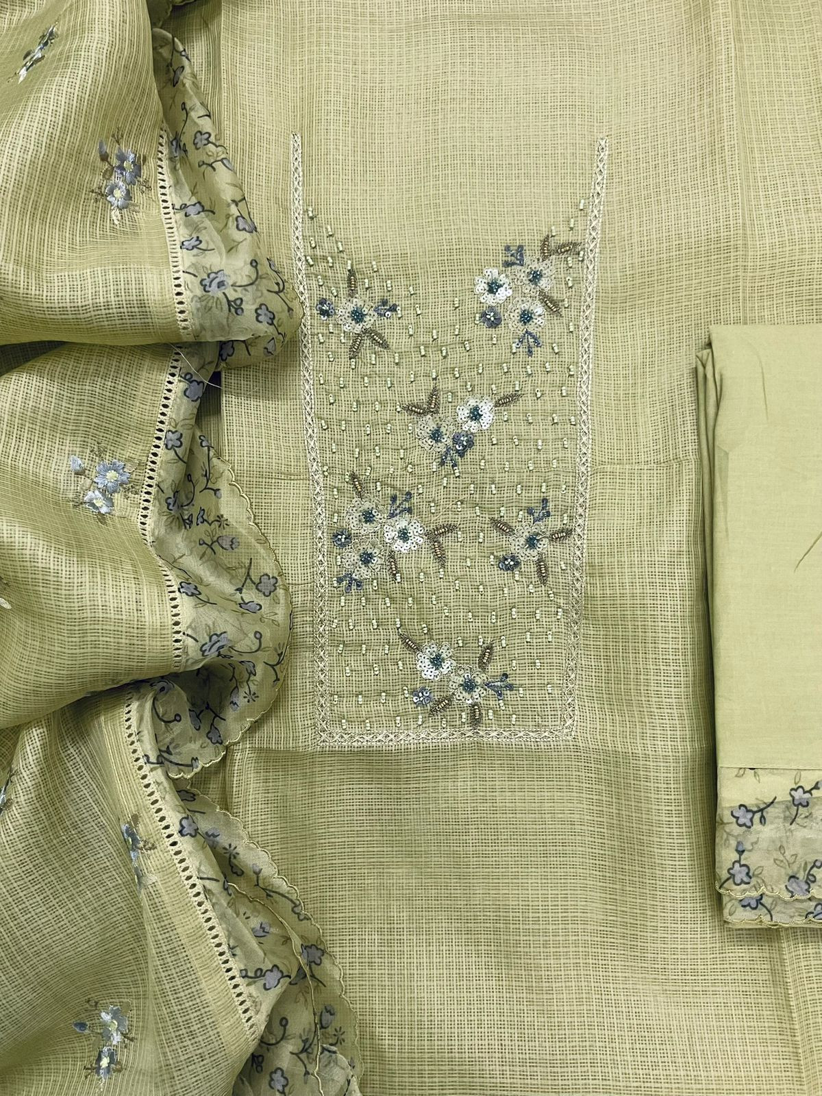 Soft Kota Silk Printed Embroidered Suit - Green