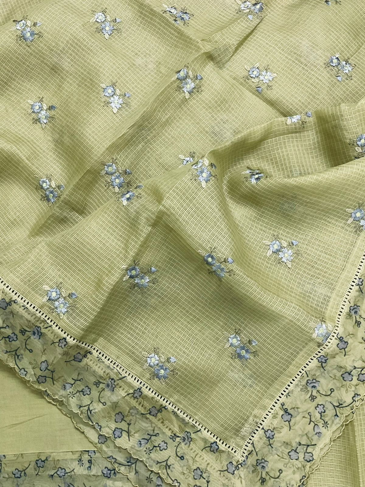 Soft Kota Silk Printed Embroidered Suit - Green