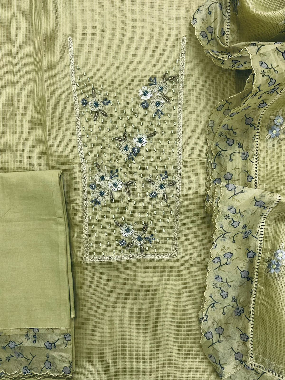 Soft Kota Silk Printed Embroidered Suit - Green