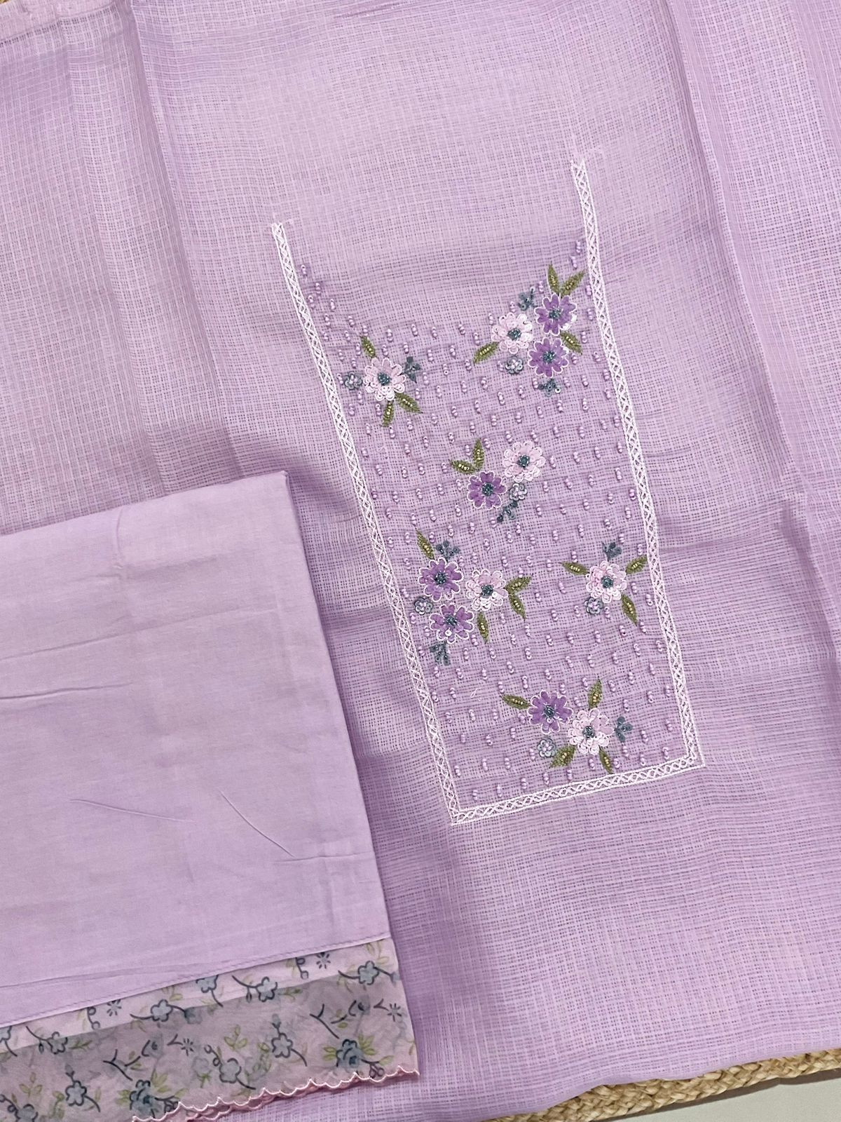 Soft Kota Silk Printed Embroidered Suit - Lavender