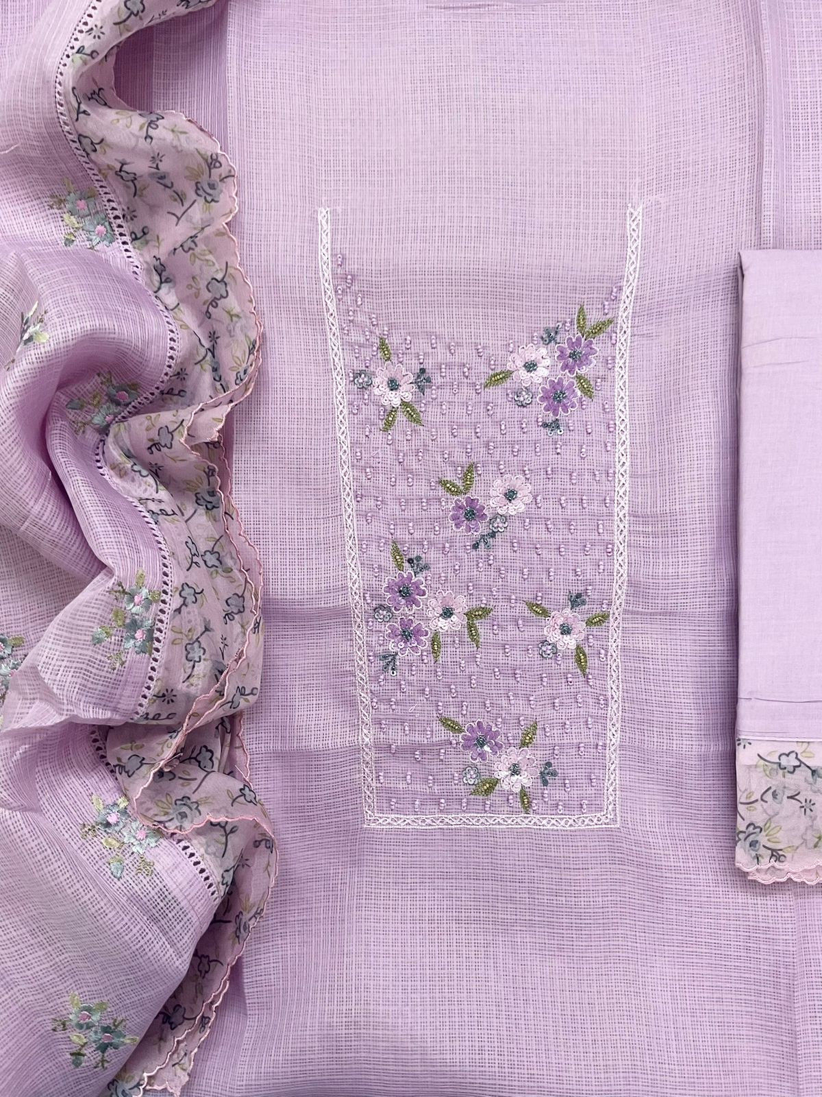 Soft Kota Silk Printed Embroidered Suit - Lavender