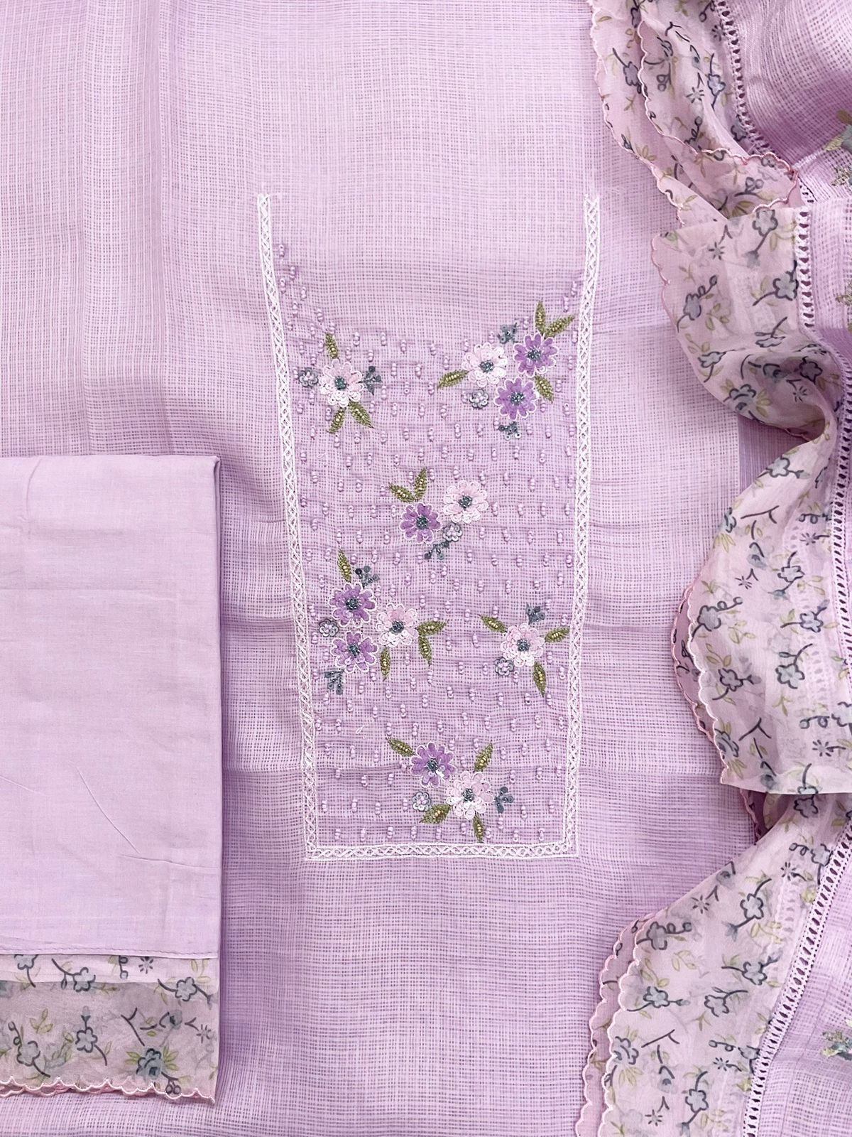 Soft Kota Silk Printed Embroidered Suit - Lavender