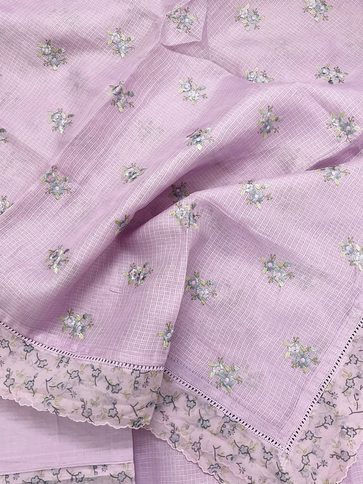 Soft Kota Silk Printed Embroidered Suit - Lavender
