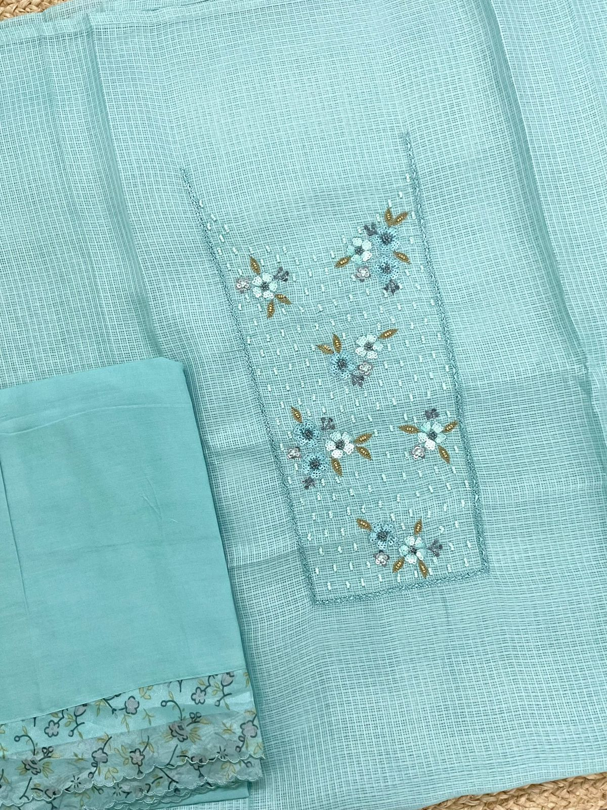 Soft Kota Silk Printed Embroidered Suit - Blue