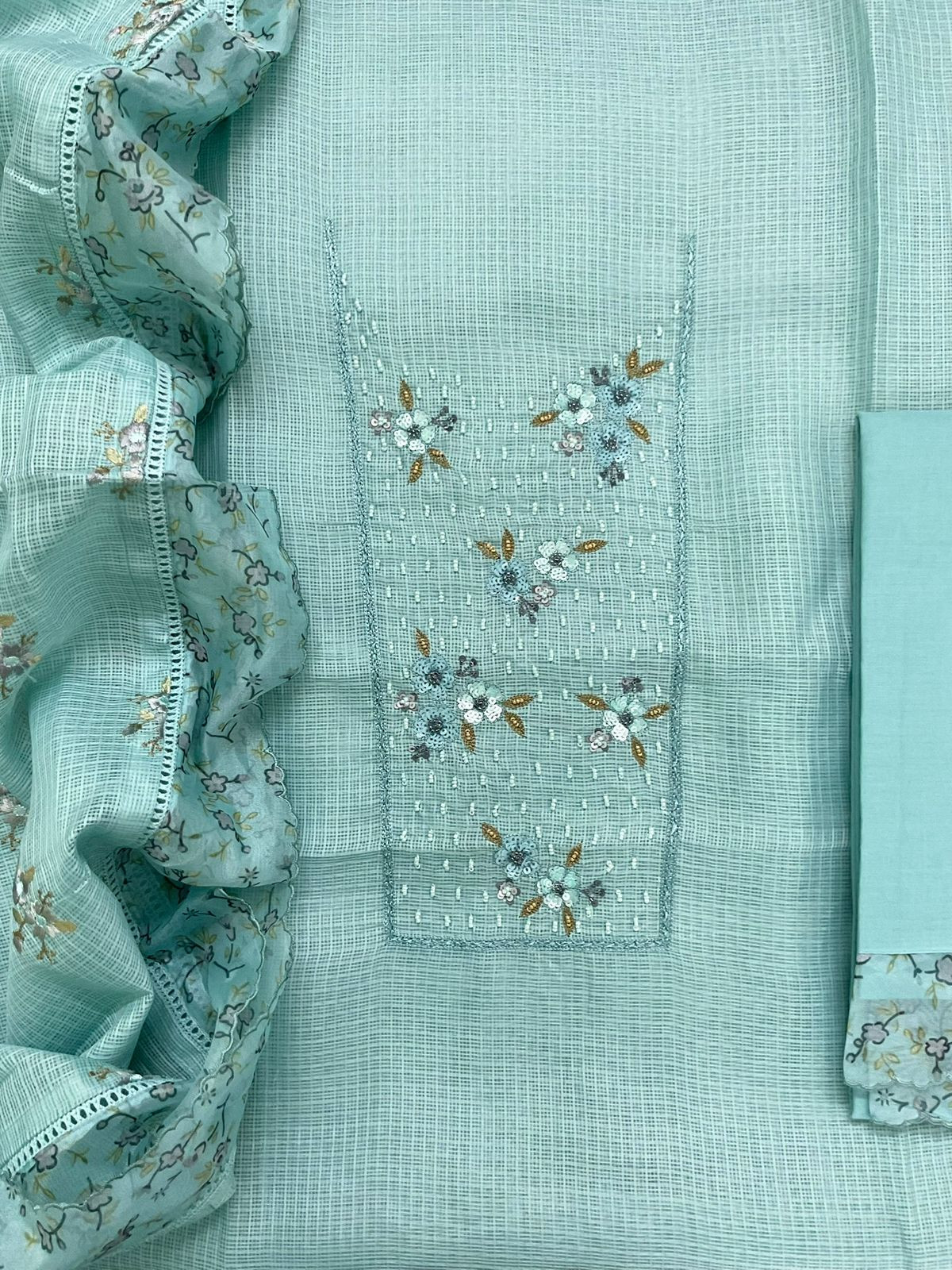 Soft Kota Silk Printed Embroidered Suit - Blue