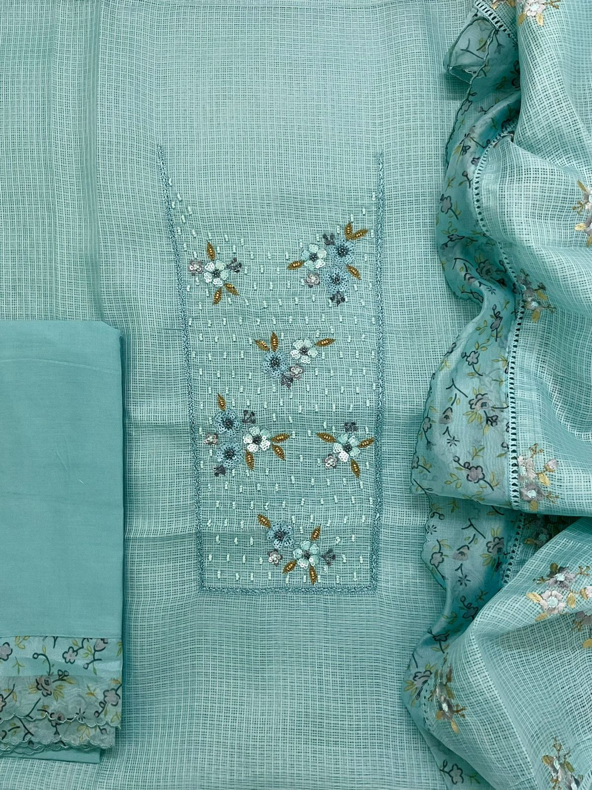 Soft Kota Silk Printed Embroidered Suit - Blue