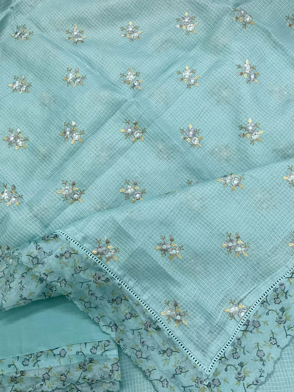 Soft Kota Silk Printed Embroidered Suit - Blue