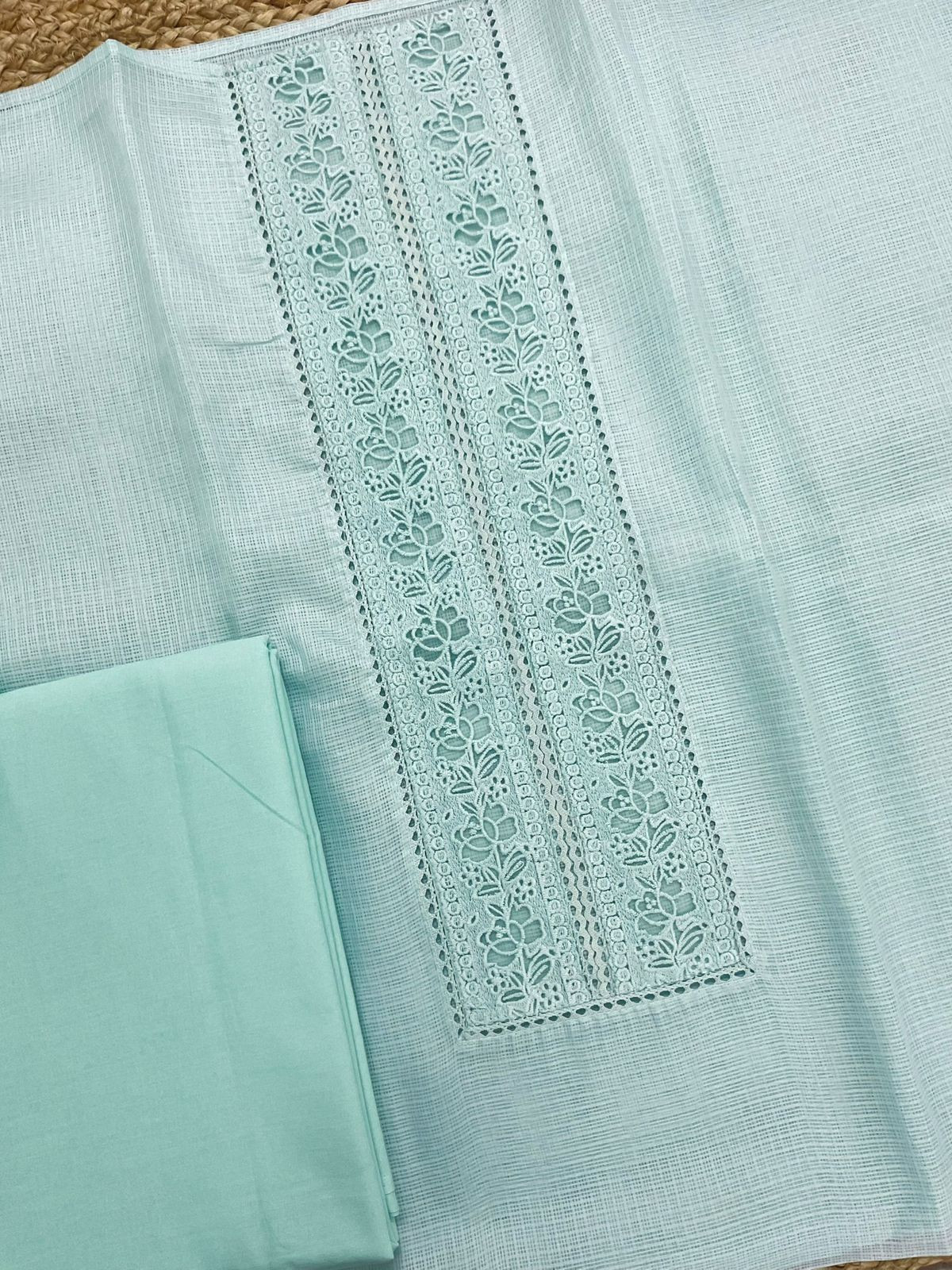 Soft Kota Silk Embroidered Suit - Sea Blue